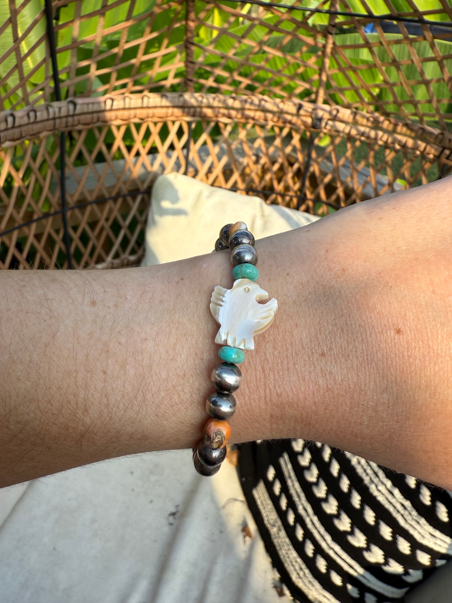 Sterling Silver Pearls, Spiny Oyster, Kingman Turquoise, MOP Shell Bird Bracelet