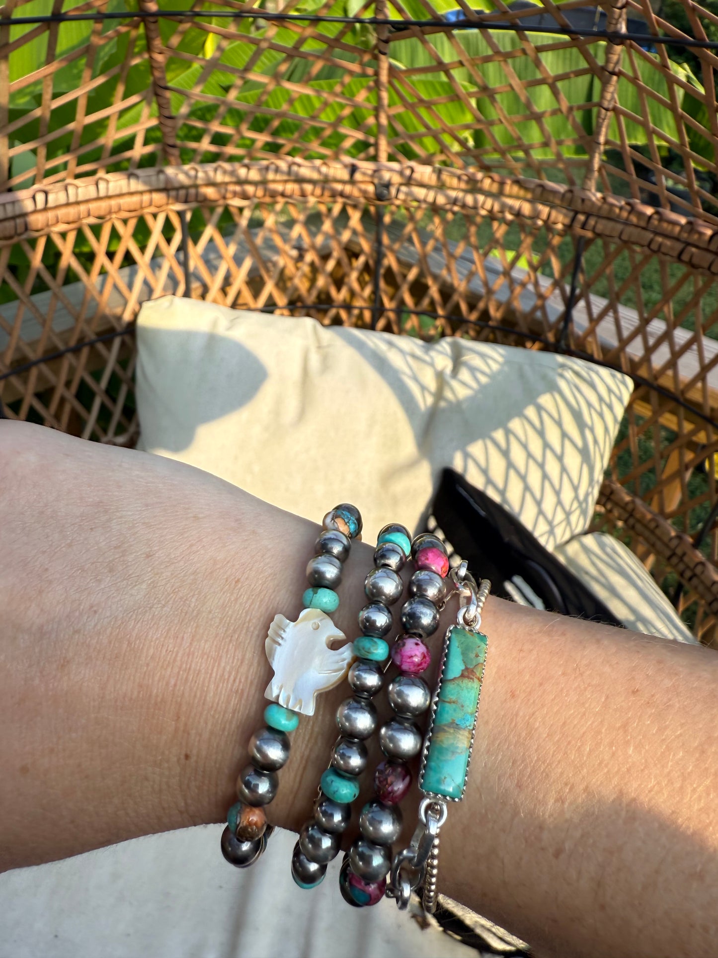 Sterling Silver Pearls, Spiny Oyster, Kingman Turquoise, MOP Shell Bird Bracelet