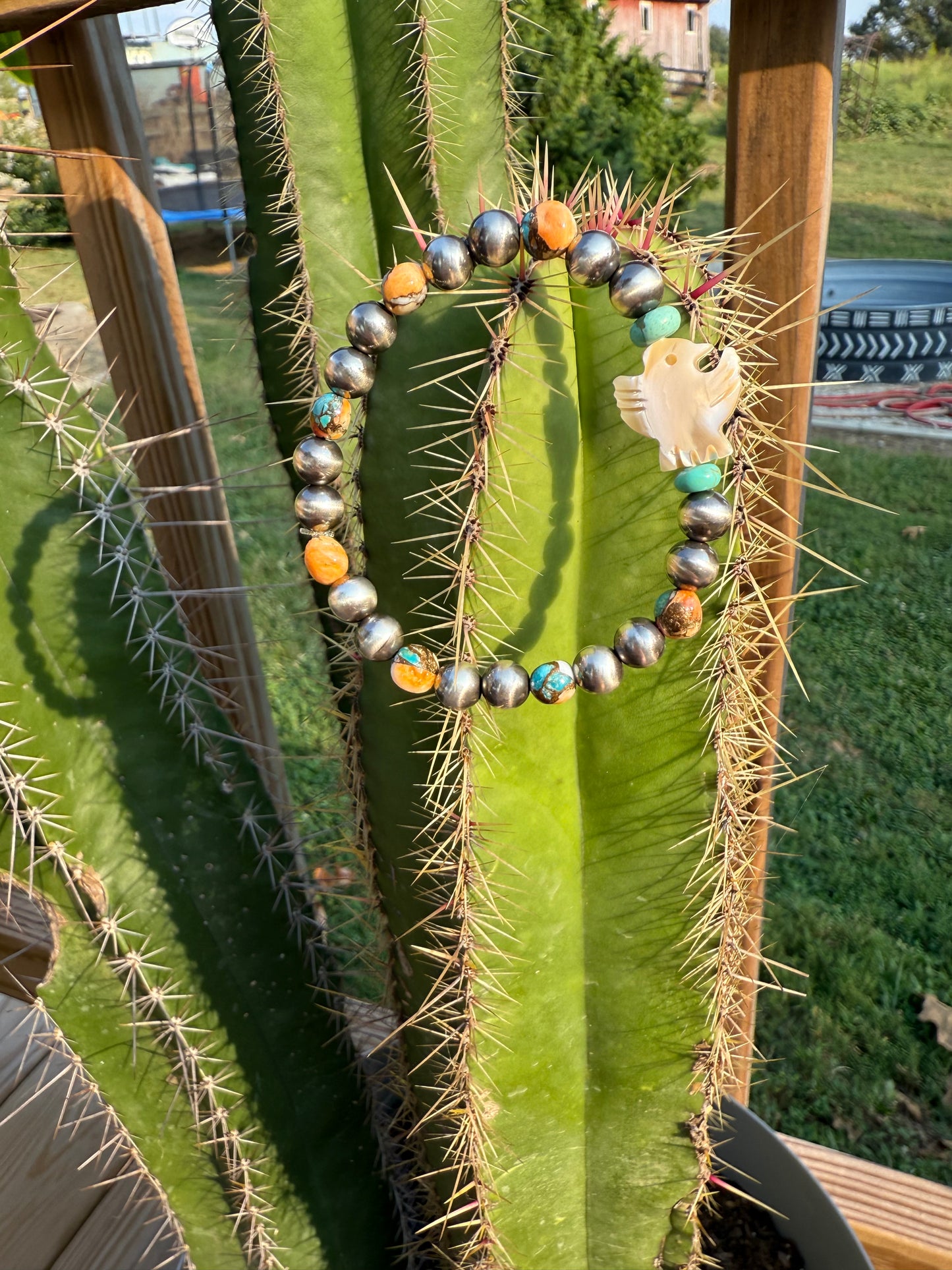 Sterling Silver Pearls, Spiny Oyster, Kingman Turquoise, MOP Shell Bird Bracelet