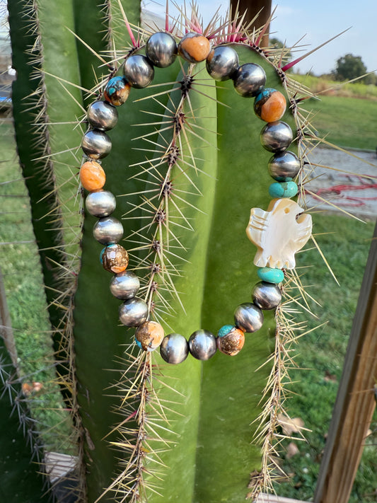 Sterling Silver Pearls, Spiny Oyster, Kingman Turquoise, MOP Shell Bird Bracelet