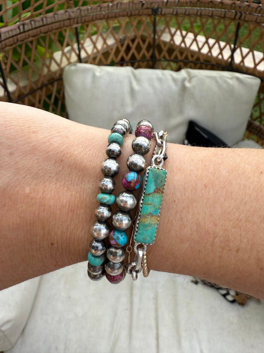 Sterling Silver Pearl, Kingman Turquoise Rondell Stretch Bracelet