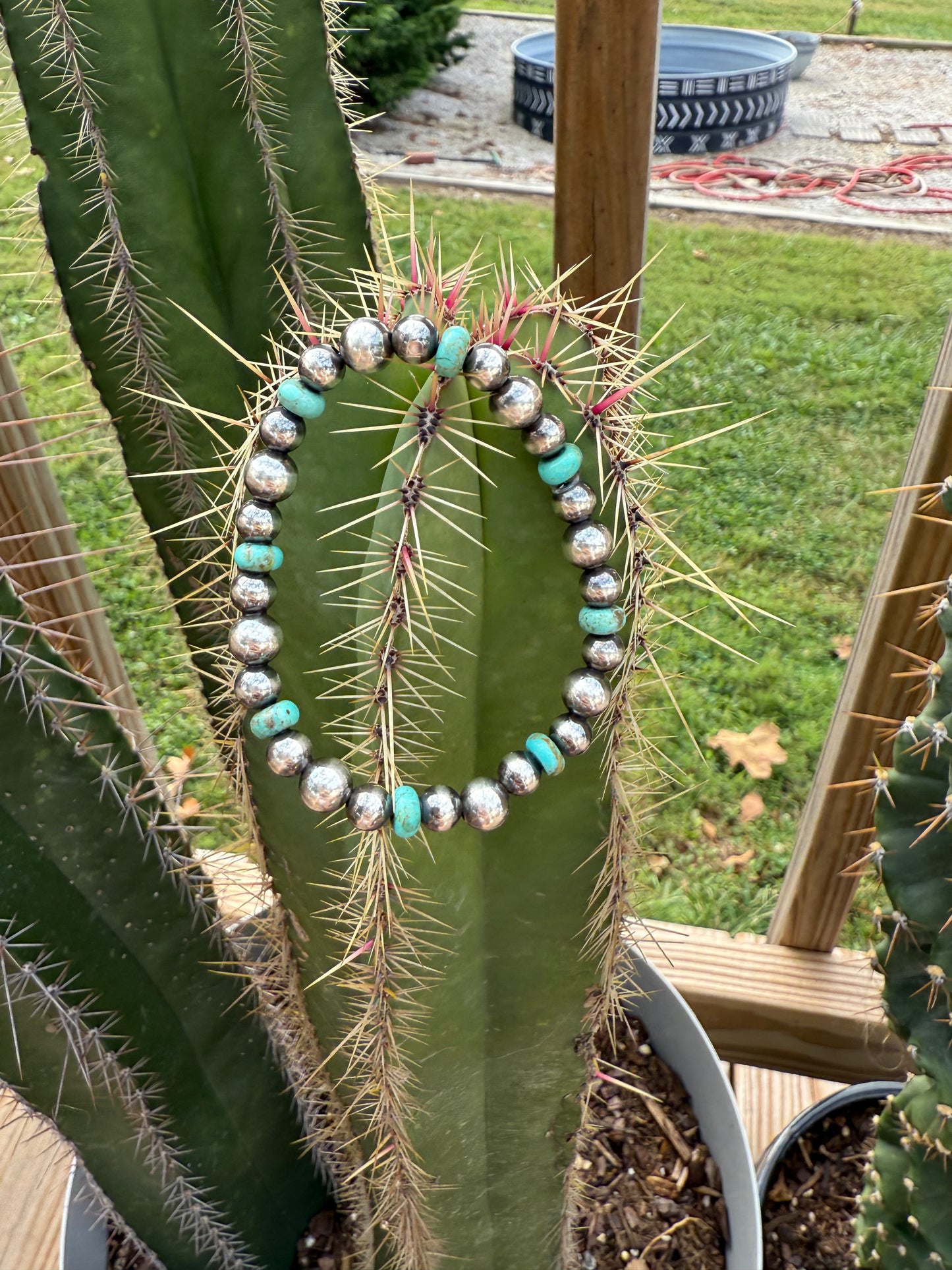 Sterling Silver Pearl, Kingman Turquoise Rondell Stretch Bracelet