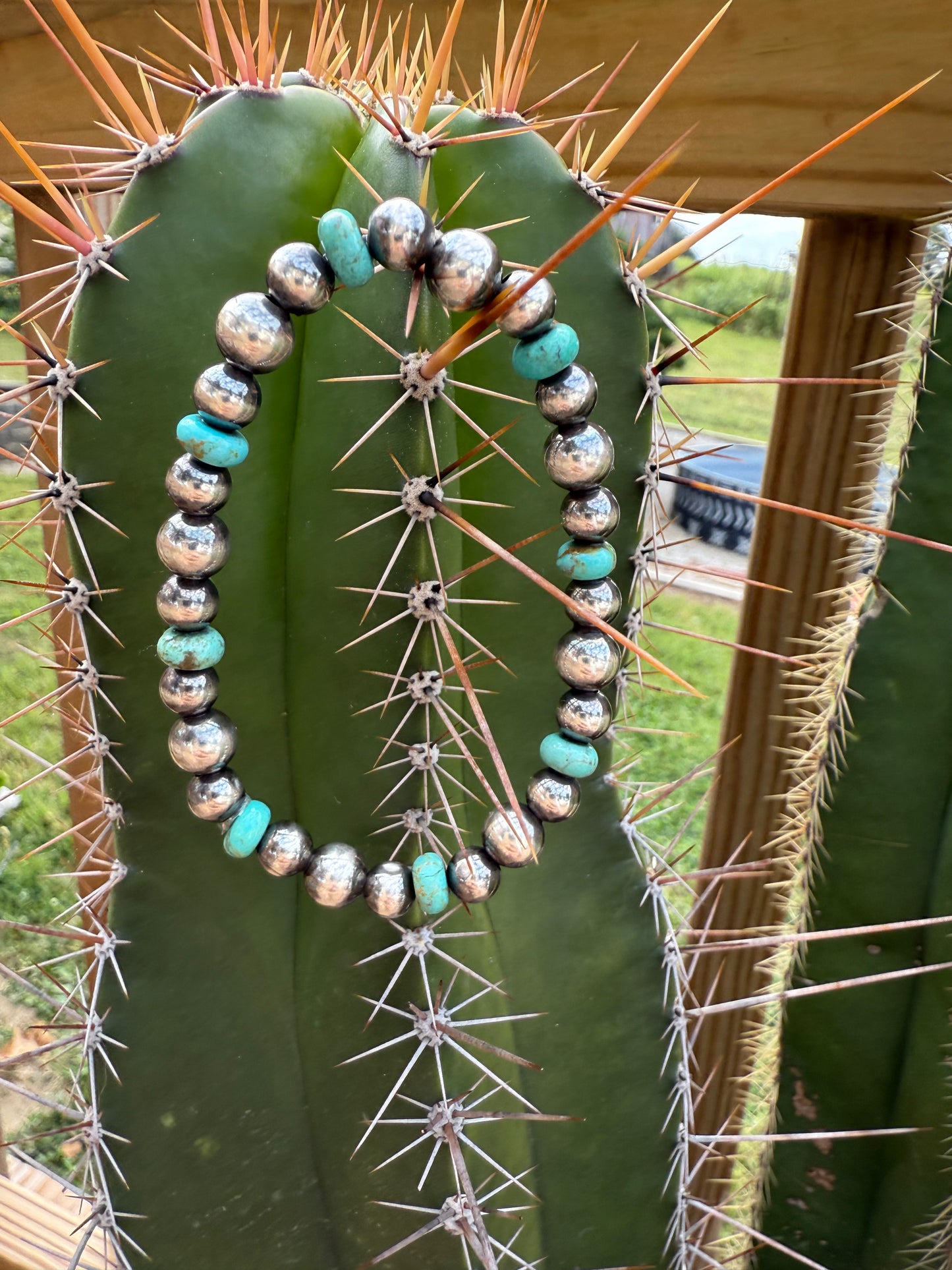 Sterling Silver Pearl, Kingman Turquoise Rondell Stretch Bracelet